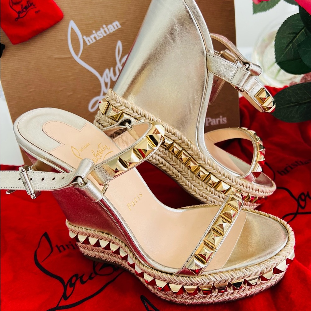 Christian Louboutin New in Box Gold Wedge Sandals Rare Sold out